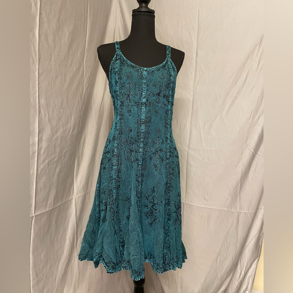 My Choices Teal Acid Wash Festival Embroidered Midi Dress